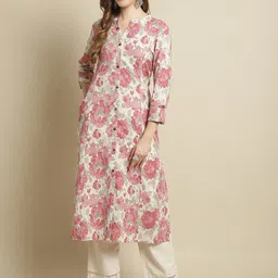 Pistaa Mandarin Collar Floral Printed Straight Pure Cotton Kurta-26