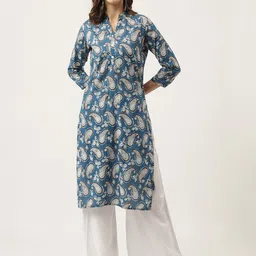 Divena Paisley Printed Mandarin Collar Indigo Cotton Straight Kurta-picture-45