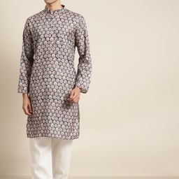 SOJANYA Men Navy Blue & Beige Ethnic Motifs Printed Pure Cotton Kurta-image-13