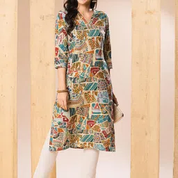Globus Beige & Blue Ethnic Motifs Printed Beads & Stones Straight Kurta-picture-57