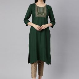 Marcia Women Green Floral Embroidered Indie Prints Kurta-image-94
