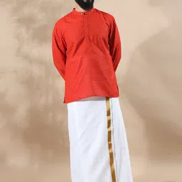 FILORI Mandarin Collar Thread Work Curved Straight Art Silk Short Kurta-image-19