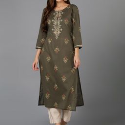 AHIKA Olive Green Ethnic Motifs Printed Thread Work Detailed Cotton Straight Kurta-image-18