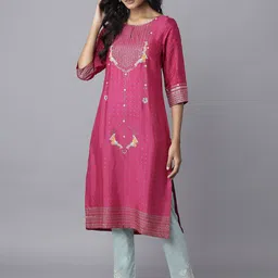 W Women Pink Ethnic Motifs Printed Keyhole Neck Kurta-picture-49