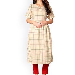 KALINI Checked Keyhole Neck A-Line Kurta-image-13