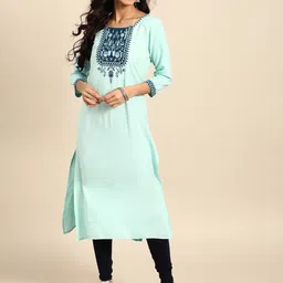 Anouk Blue Floral Embroidered Pure Cotton Straight Kurta-picture-22