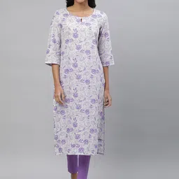 AURELIA Women White Floral Printed Keyhole Neck Pure Cotton Kurta-37