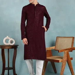 Ethnic Bay Men Geometric Checked Flared Sleeves Thread Work Kurta-9