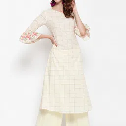 antaran Women Off White Checked Bell Sleeves A-line Cotton Kurta-image-1