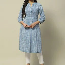 Rangriti Abstract Printed Mandarin Collar Thread Work A-line Kurta-image-25