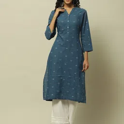 Rangriti Striped Mandarin Collar Cotton Straight Kurta-image-34