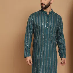Anouk Teal Striped Band Collar Sequinned Detailed Cotton Straight Kurta-picture-42