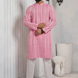 Inddus Striped Mandarin Collar Cotton Straight Kurta-image-58