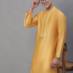 Anouk Mustard Yellow Band Collar Mirror Work Kurta-image-58