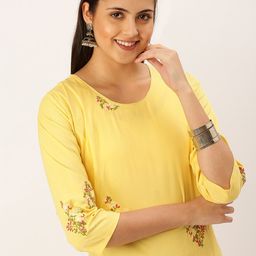 SHOWOFF Women Yellow Thread Work Kurta-image-11