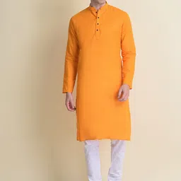 NAMASKAR Men Yellow Cotton Self Design Kurta-12