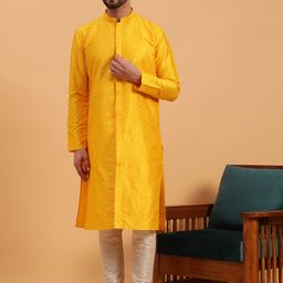 NAMASKAR Ethnic Motifs Woven Design Mandarin Collar Silk Kurta-image-83
