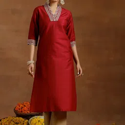 Libas Floral Yoke Design V-Neck Silk Thread Work A-Line Kurta-image-48