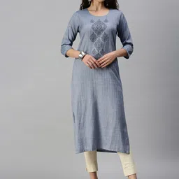 SHOWOFF Women Blue Striped Cotton Blend Round Neck Thread Work Straight Kurta-picture-46