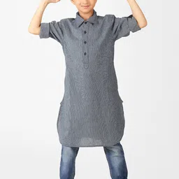 Fabindia Boys Shirt Collar Curved Pathani Cotton Kurta-38