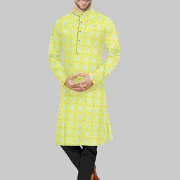 IMAGO Geometric Thread Work Band Collar Pure Cotton Straight Kurta-image-16