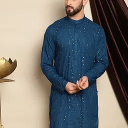 Anouk Teal Blue Geometric Embroidered Mirror Work Band Collar Straight Pure Cotton Kurta-picture-24