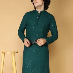 NAMASKAR Geometric Chikankari Sequinned Mandarin Collar Cotton Kurta-picture-40
