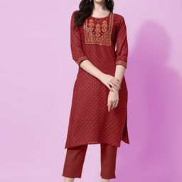 KALINI Women Maroon Ethnic Motifs Yoke Design Thread Work Kurta-image-61