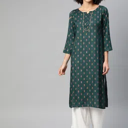 Ives Women Ethnic Motifs Printed Notched Neck Straight Kurta-picture-7