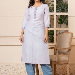 Yufta Blue Floral Yoke Design Embroidery Thread Work Linen Straight Kurta-image-31