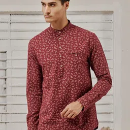Red Flame Band Collar Long Sleeves Floral Printed Straight Cotton Kurta-image-67