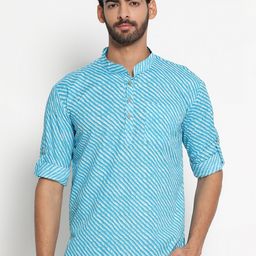 JAVINISHKA Leheriya Printed Mandarin Collar Roll-Up Sleeves Pure Cotton Kurta-22