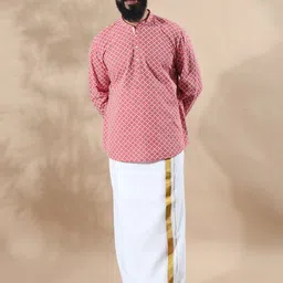 FILORI Men Geometric Printed Mandarin Collar Thread Work Straight Cotton Kurta-15
