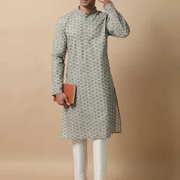 FILORI Men Geometric Printed Mandarin Collar Thread Work Straight Cotton Kurta-14