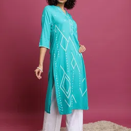 Vishudh Turquoise Blue Geometric Printed Mandarin Collar Straight Kurta-image-91