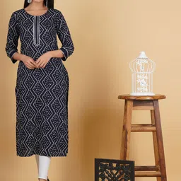 God Bless Women Blue Geometric Printed Thread Work Kurta-37