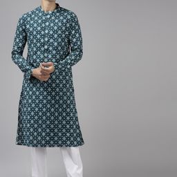 See Designs Men Teal Blue Geometric Printed Cotton Kurta-16