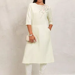 Vishudh Off White Round Neck Thread Work Panelled A-Line Kurta-25