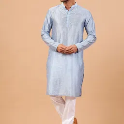 HILO DESIGN Mandarin Collar Long Sleeve Straight Thread Work Silk Kurta-image-73