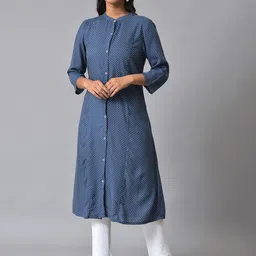AURELIA Polka Dot Printed Band Collar Straight Kurta-image-41