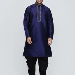 ROYAL KURTA Men Navy Blue Solid Mandarin Collar Dupion Silk Kurta-19