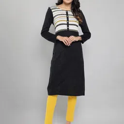 AURELIA Women Charcoal & White Geometric Yoke Design Straight Kurta-image-37