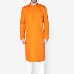 NAMASKAR Men Orange Solid Cotton Linen Kurta-image-75