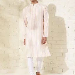 Fabindia Striped Cotton Mandarin Collar Straight Thread Work Kurta-17