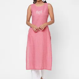KAMI KUBI Women Pink & White Floral Thread Work Kurta-image-43