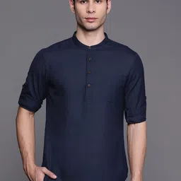 Indo Era Mandarin Collar Roll Up Sleeves Pure Cotton Short Kurta-image-71