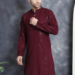 Jompers Geometric Sequins Chikankari Embroidered Band Collar Kurta-picture-4