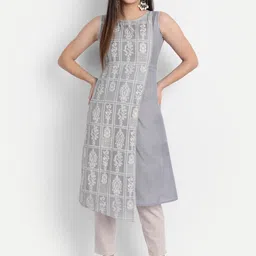HK colours of fashion Women Grey Ethnic Motifs Embroidered A-Line Cotton Kurta-picture-11