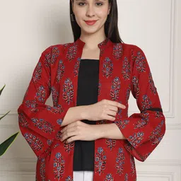 KALINI Floral Print Mandarin Collar Bell Sleeve A-Line Cotton Top-image-42