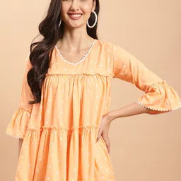 KALINI Ethnic Motifs Printed V-Neck Gathered Cotton Tiered Top-image-44